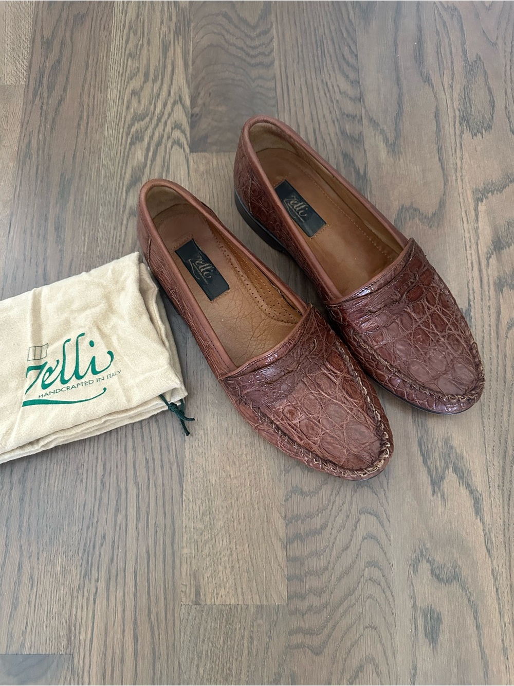 Zelli Italia Men's Crocodile Italian Penny Loafer in Cognac Brown Size 9M